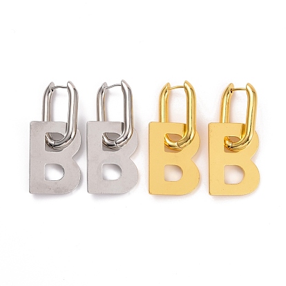 Initial Brass Dangle Hoop Earrings, Letter B Drop Earrings for Women