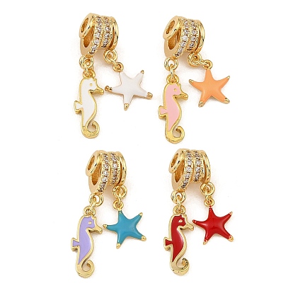 Brass Micro Pave Clear Cubic Zirconia Pendents, with Enamel, Sea Horse with Starfish Charms, Rack Plating, Long-Lasting Plated, Cadmium Free & Lead Free, Real 18K Gold Plated
