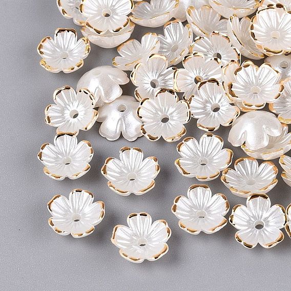 Plastic Bead Caps, 5-Petal Flower, Two Tone, Golden Metal Enlaced