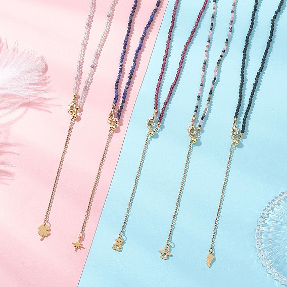 2.5мм ограненные круглые натуральные турмалин, флюорит, гранат, обсидиан и лазурит в виде цепочек из бусин., 304 Ожерелья с подвесками и кисточками из нержавеющей стали, золотые