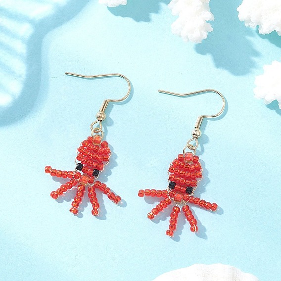 304 из нержавеющей стали болтаться серьги, со стеклянными бисеринами, осьминог, реальный 18 k позолоченный