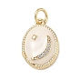 Brass Micro Pave Clear Cubic Zirconia Pendants, with White Enamel, Oval with Moon Charms
