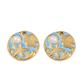 304 нержавеющей стальной эмали подвески, плоский круг с листом и морской звездой, с пластиковой имитационной жемчужиной