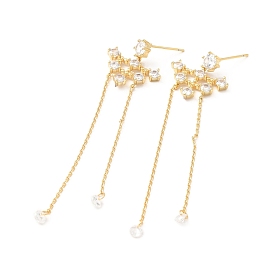 Clear Cubic Zirconia Long Chain Tassel Dangle Stud Earrings, Brass Jewelry for Women, Lead Free & Cadmium Free & Nickel Free