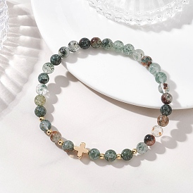 Браслеты из натуральных бусин кварца лодолита, украшения из латуни для женщин, круглый и крест, реальный 18 k позолоченный