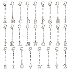 26Pcs Alloy Rhinestone Pendant Decorations, Letter, with Stainless Steel Chain and Alloy Lobster Claw Clasps