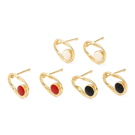 Rack Plating Brass Twist Oval Stud Earrings with Enamel, Real 18K Gold Plated, Lead Free & Cadmium Free