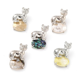 Shell Pendants, with Platinum Brass Findings, Tiger with Oval