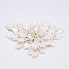 Natural White Shell Mother of Pearl Shell Flower Big Pendants, with Shell Pearl and Platinum Plated Brass Findings