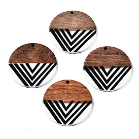 Resin & Walnut Wood Pendants, Flat Round with Stripe