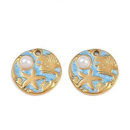 304 нержавеющей стальной эмали подвески, плоский круг с листом и морской звездой, с пластиковой имитационной жемчужиной