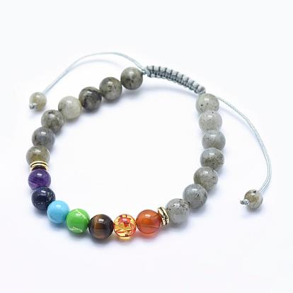 Natural Gemstone Braided Bead Bracelets, with Alloy Spacer Beads and Nylon Cord