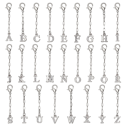 26Pcs Alloy Rhinestone Pendant Decorations, Letter, with Stainless Steel Chain and Alloy Lobster Claw Clasps
