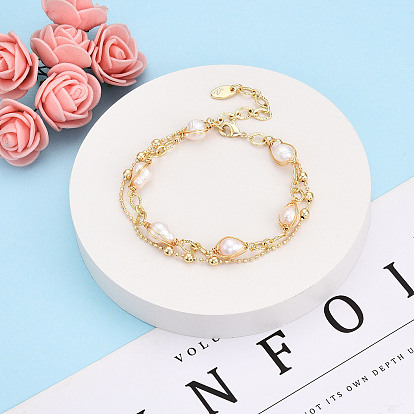Латунь многожильных браслеты, браслеты-цепочки с шариками и овальными звеньями для женщин, с натуральным жемчугом и медной проволокой