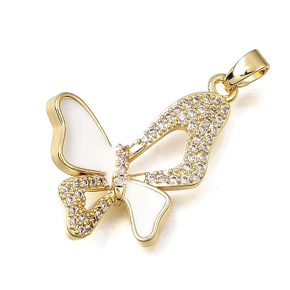 Brass Micro Pave Clear Cubic Zirconia Pendants, with White Enamel, Butterfly Charms, Rack Plating, Long-Lasting Plated, Cadmium Free & Lead Free