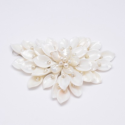 Natural White Shell Mother of Pearl Shell Flower Big Pendants, with Shell Pearl and Platinum Plated Brass Findings