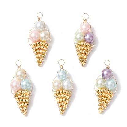 5 шт. подвески в виде мороженого из бисера, со стеклянным жемчугом и медной проволокой, золотой свет