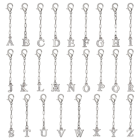 26Pcs Alloy Rhinestone Pendant Decorations, Letter, with Stainless Steel Chain and Alloy Lobster Claw Clasps