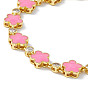 Brass Micro Pave Cubic Zirconia Chain Bracelets, Enamel Style Pink Flower Link Chain Bracelet for Women, with Chain Extender & Lobster Claw Clasp