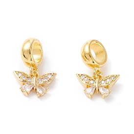 Brass Cubic Zirconia European Dangle Charms, Largr Hole Pendants, Long-Lasting Plated, Real 18K Gold Plated, Butterfly