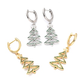 Brass Micro Pave Cubic Zirconia Huggie Hoop Earrings for Christmas, Lead Free & Cadmium Free & Nickel Low, Christmas Tree, Green