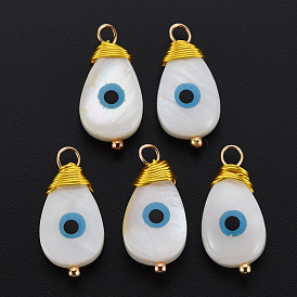 Freshwater Shell Pendants, with Golden Brass Findings, Teardrop with Evil Eye