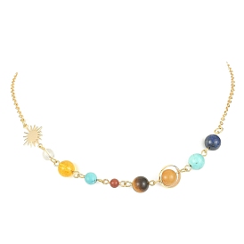Natural & Synthetic Mixed Gemstone Beaded Necklace, Brass Sun Planet Necklace