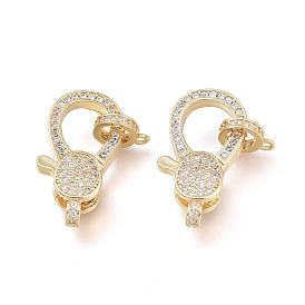 Brass Micro Pave Clear Cubic Zirconia Lobster Claw Clasp, with Bail Beads/Tube Bails, Long-Lasting Plated