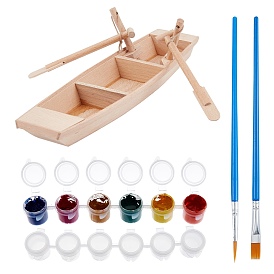 DIY Hand Painting Crafts, with Unfinished Wooden Boat, Oars, Plastic Empty Paint Palette and Paint Brushes Pensfor