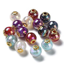Rainbow Iridescent Plating Acrylic European Beads, Glitter Large Hole Beads, with Golden Tone Alloy Findings, Round with Word Lucky