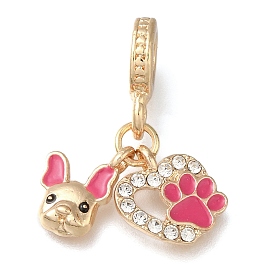 Breloques européennes en alliage de placage en rack, émail rose vif, Pendentifs à grand trou avec empreinte de chien et de patte avec strass en cristal