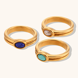 Striped Natural Stone Ring - Unique Stainless Steel Gold Plated Band Jewelry