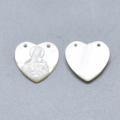 Natural White Shell Mother of Pearl Shell Pendants, Heart with Carved Virgin and Child