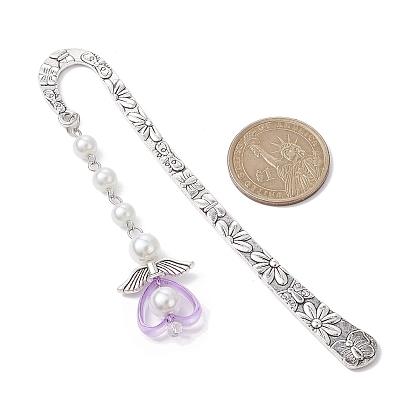 Angel Pendant Bookmarks, Tibetan Style Alloy Hook Bookmarks, Glass Imitation Pearl Beaded Bookmark with Acrylic Heart