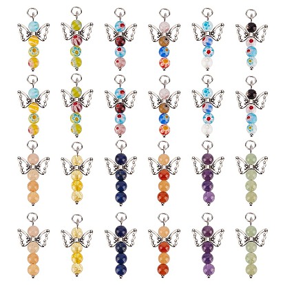 Наборы для изготовления ювелирных изделий, подвески для кроссовок в виде ангела, в том числе 15 подвески из натуральных и синтетических драгоценных камней и 15 подвески ручной работы из стекла миллефиори, с античными крыльями из сплава серебристого цвета