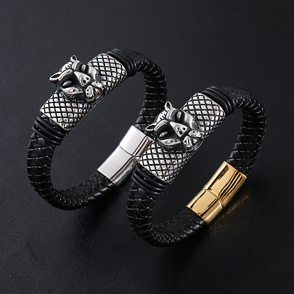 Браслеты из плетеного шнура из искусственной кожи в стиле панк, 304 браслеты с леопардовым принтом из нержавеющей стали для мужчин, с магнитной застежкой