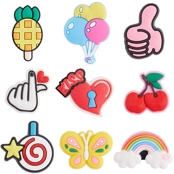 27шт 9 стиль ПВХ пластиковые пряжки для шнурков, обувные украшения очарование, мультфильм застежка для обуви, рука сердце/вишня/радуга