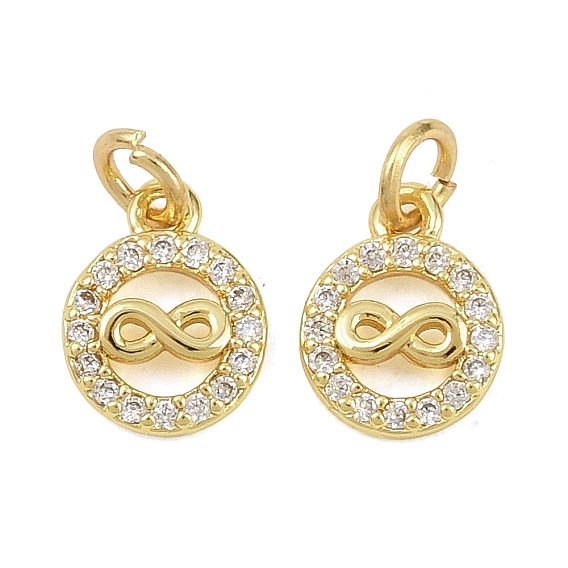 Латунные микропаве прозрачные подвески с фианитом, плоская круглая форма с подвесками в виде знака бесконечности