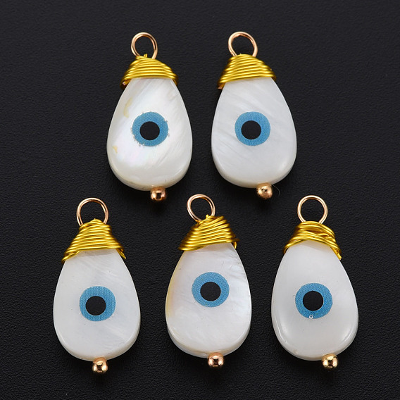 Freshwater Shell Pendants, with Golden Brass Findings, Teardrop with Evil Eye