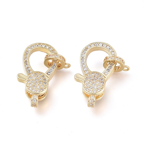 Brass Micro Pave Clear Cubic Zirconia Lobster Claw Clasp, with Bail Beads/Tube Bails, Long-Lasting Plated