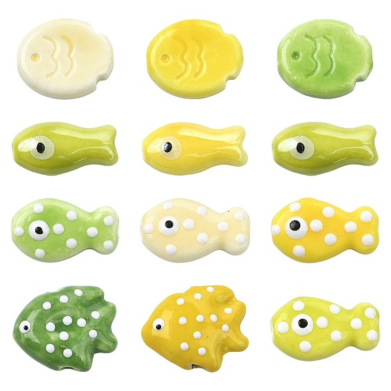 12Pcs 11 Styles Handmade Porcelain Beads, Fish, Famille Rose Porcelain