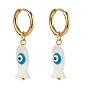 304 Stainless Steel Huggie Hoop Earrings, with Natural Shell Beads, Fish with Evil Eye, Dodger Blue