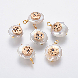 Подвески из натурального пресноводного жемчуга, с латунными микро проложить кубических выводы циркония, наггетсы с плоской круглой, золотые