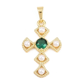 Латунные микро проложить кубического циркония подвески, с пластмассовой жемчужиной abs, крест прелести, долговечный, стойки покрытие, без свинца и без кадмия