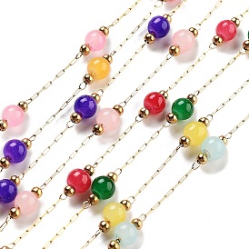 Handmade Round Dyed Natural Malaysia Jade Beaded Chains, with Ion Plating(IP) 304 Stainless Steel Paperclip Chains, Unwelded, Real 18K Gold Plated