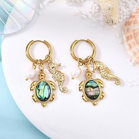 Женские серьги-подвески из натурального культивированного пресноводного жемчуга и натуральной раковины пауа, черепаха с морским коньком, с 202 серьгами-кольцами из нержавеющей стали и 304 подвесками из нержавеющей стали