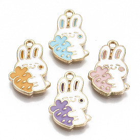Eco-Friendly Zinc Alloy Pendants, with Enamel, Cadmium Free & Nickel Free & Lead Free, Rabbit with Carrot, Light Gold