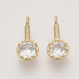 Brass Cubic Zirconia Charms, Real 18K Gold Plated, Flat Round, Clear, Nickel Free