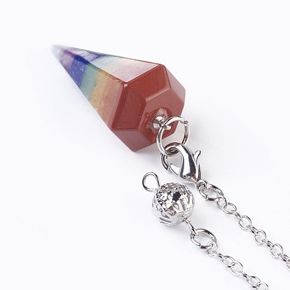 Natural Mixed Gemstone Hexagonal Pointed Dowsing Pendulums Chain, with Platinum Tone Brass Findings, Faceted, Cone
