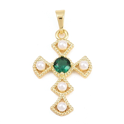 Латунные микро проложить кубического циркония подвески, с пластмассовой жемчужиной abs, крест прелести, долговечный, стойки покрытие, без свинца и без кадмия